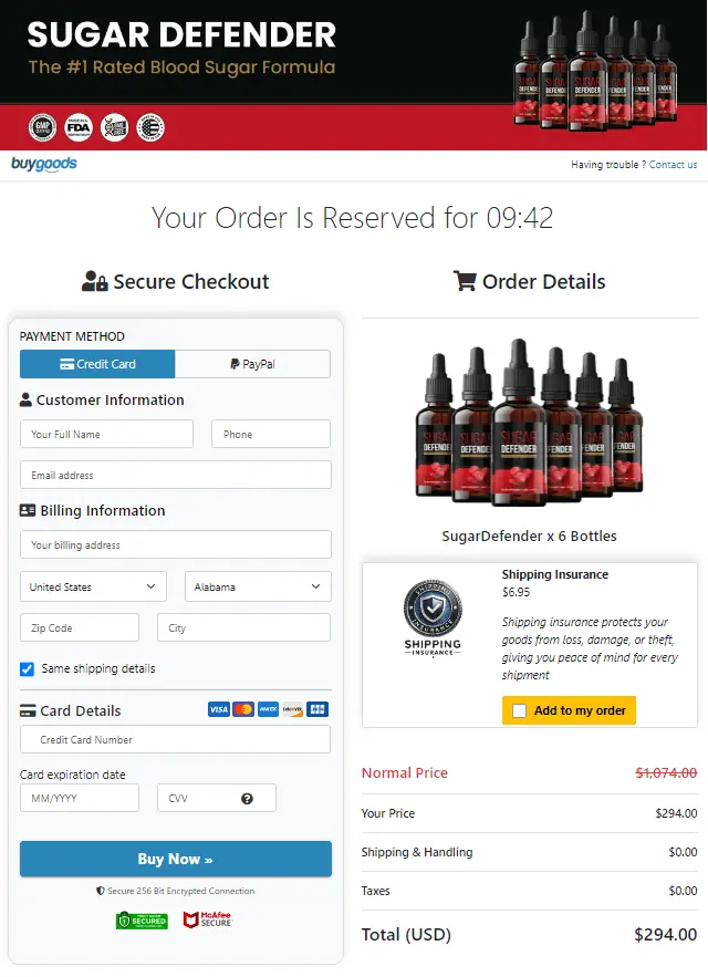 Sugar Defender order page